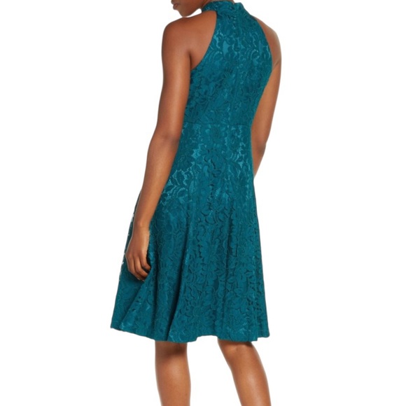 ELIZA J Floral Lace Fit-n-Flare Mock Neck Sleeveless Dress, Teal, Size 6 - Picture 2 of 8